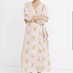 Madewell Linen-Blend Ruffle-Cuff Wrap Dress in Dutch Dandelions size M